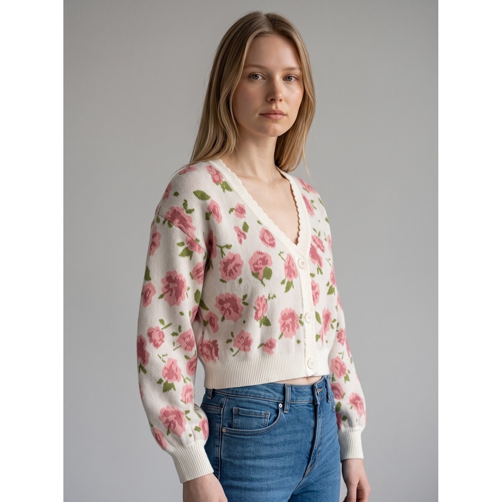 Willow‎ & Wind Women's Pink Rose Floral Cropped Cardigan Sweater V-Neck Small
